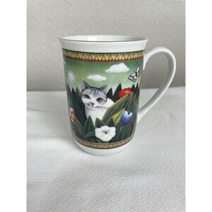 Russ Berrie Four Seasons Mug Cup White Gray Cats In Flower Garden Ceramic 8oz.
